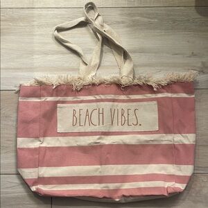 Pink Striped Rae Dunn “Beach Vibes” Tote Bag with fringe detail